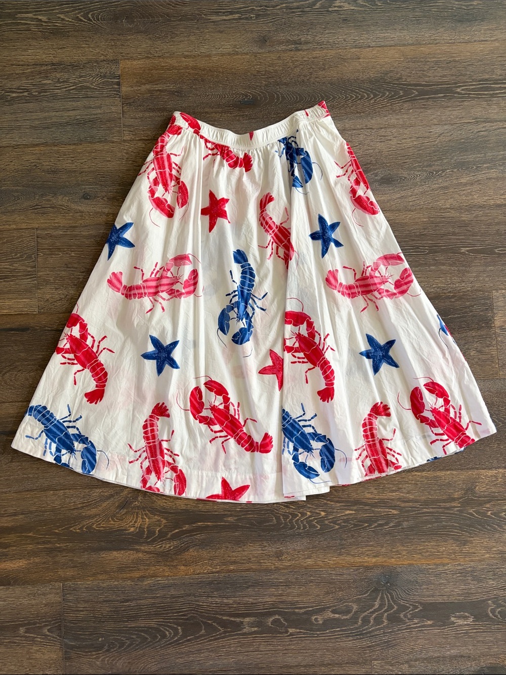J. Crew White Full Skirt with Red & Blue Lobster Print